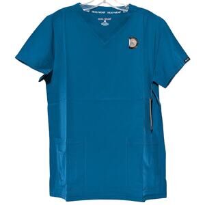 Heal Wear Scrub Top Womens Medium Blue V Neck 4 Way Stretch Medical Shirt
